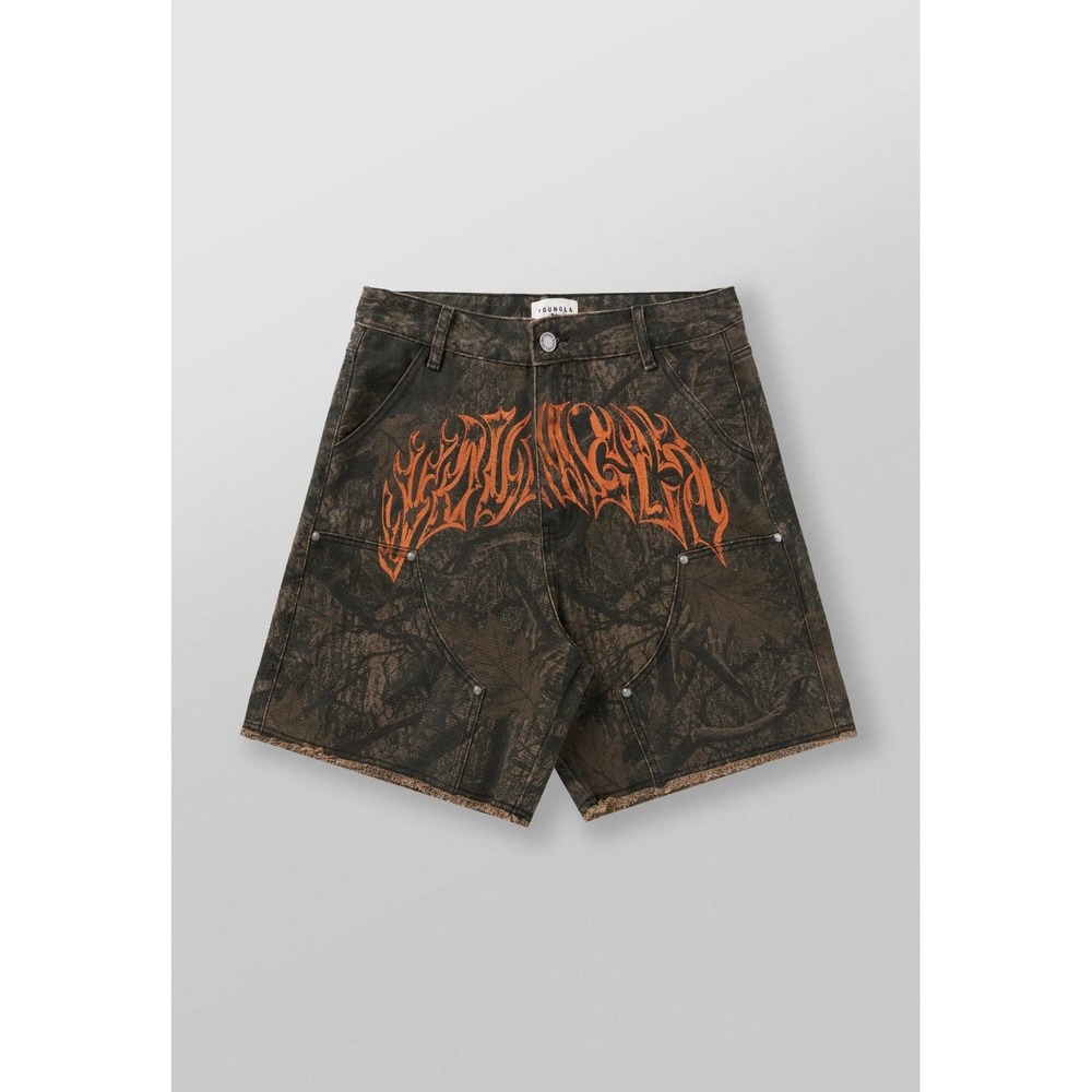 YoungLA Dark Tree Camo Cargo Gangsta Jorts Denim Shorts Size Large Cutoff streer